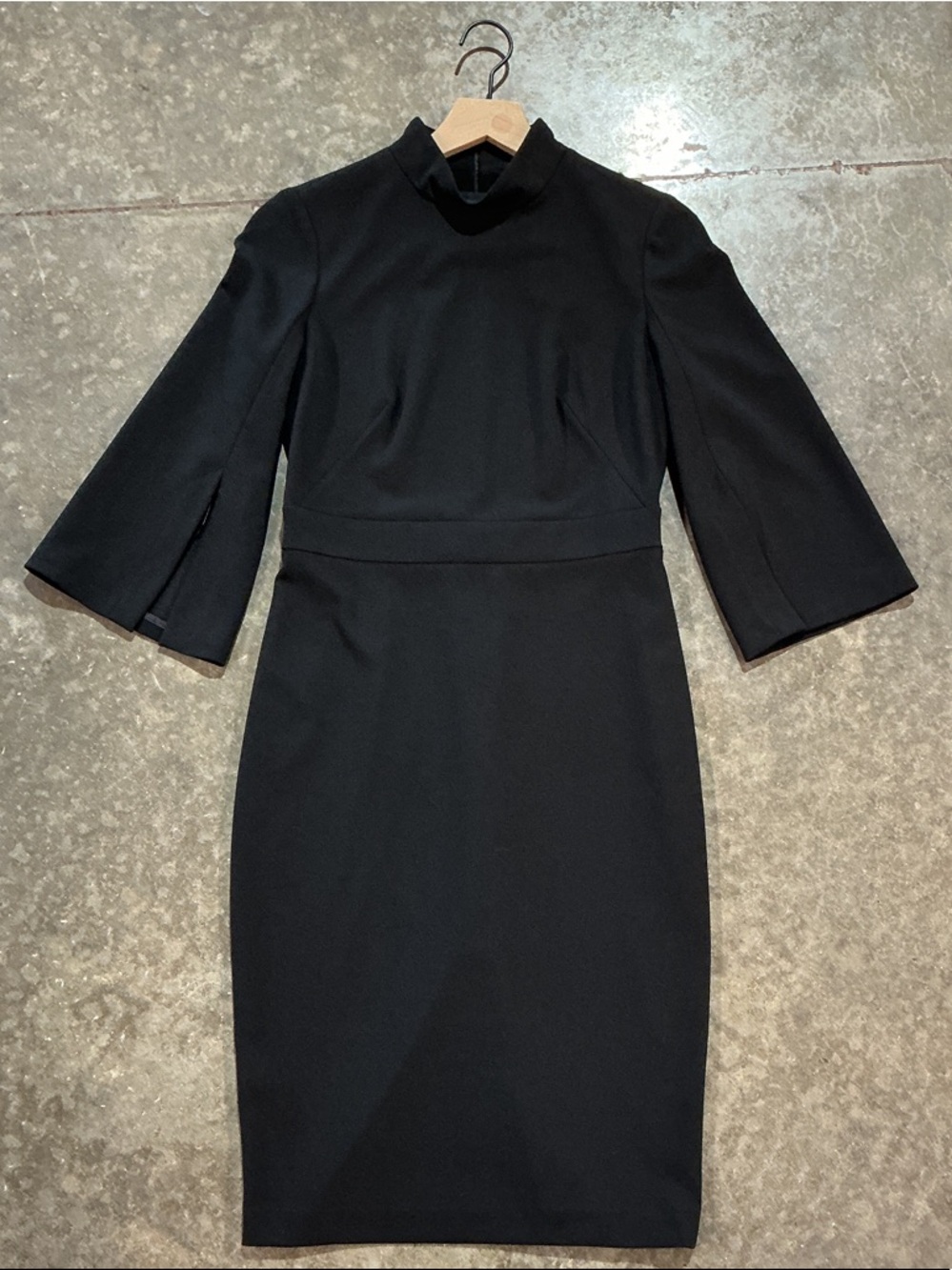 Calvin Klein Black High Neck Sheath Dress Bell Sleeve Slit Work Career Size 4